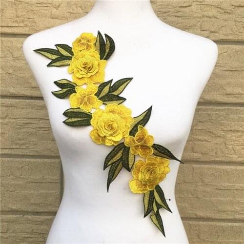 1Pc 42*13cm 3D Yellow Flower Embroidered Lace Sewing for Clothes Applique Diy Accessory Suppliers Sticker Lace Neckline collar