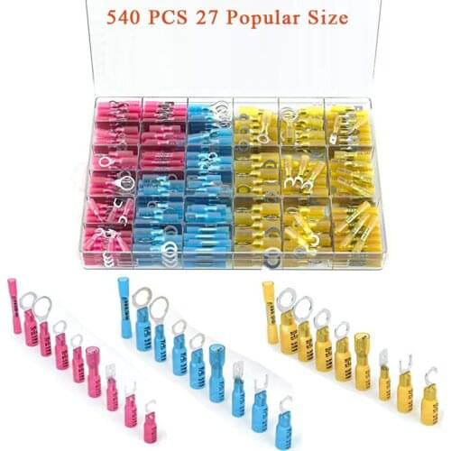 540 PCS Heat Shrink Wire Connectors Electrical Terminals Kit Marine Automotive Crimp Connector Assortment Ring Fork Hook Spade B