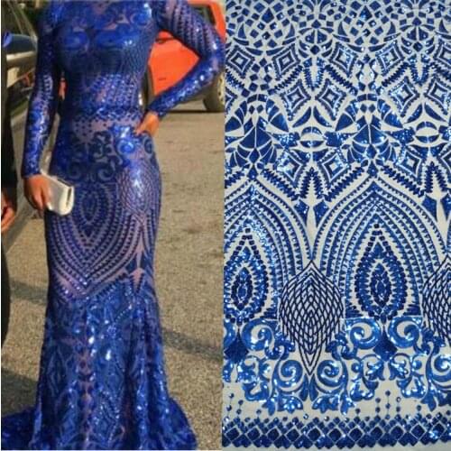 African Lace Fabric 2020 Embroidered Nigerian Laces Fabric High Quality French Tulle Lace Fabric With Sequins Royal Blue M1058