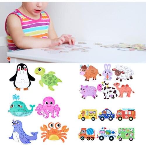 Cartoon Animal Vehicle Design Wooden Puzzle Jigsaw Kids Educational Toy Gift