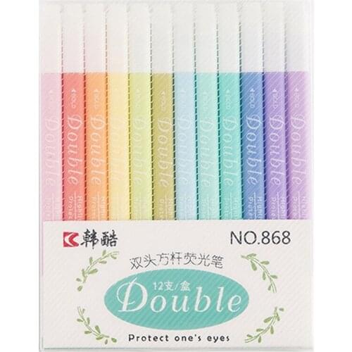 HK 868 Double-Ended Highlighter Pen Set, Hand Account Painting Oblique Head Round Head Square Bar Color Highlighter Set