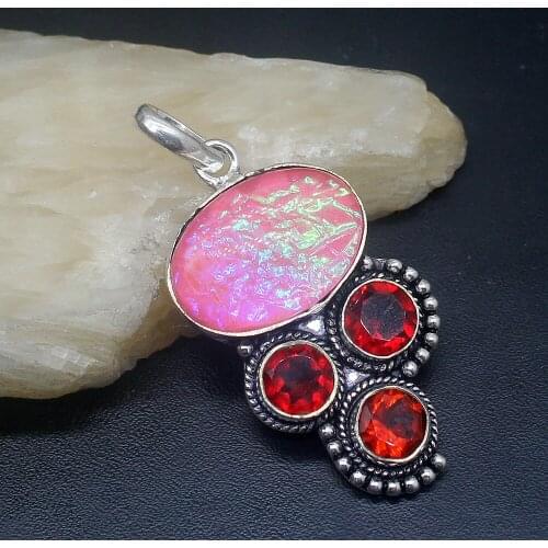 Gemstonefactory Jewelry Big Promotion 925 Silver Dichroic Glass Amazing Red Garnet Women Ladies Gifts Necklace Pendant 0664