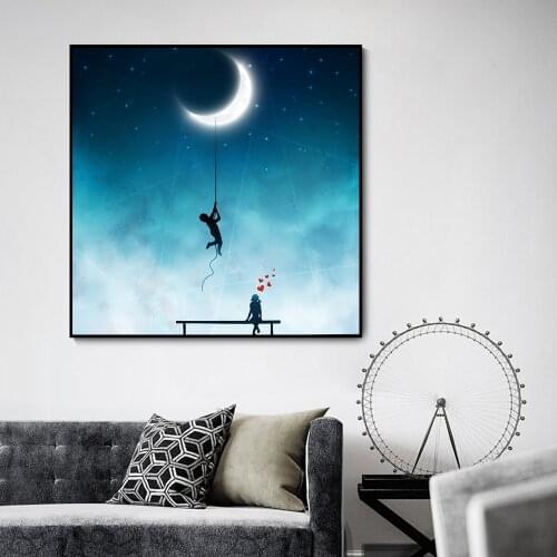 Catch The Moon and Stars Lovers Picture Romantic Canvas Wall Art Starry Night Poster and Print Painting for Home Wall Decoration
