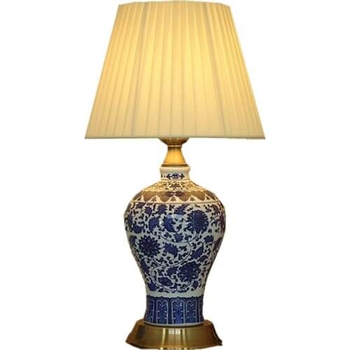 Chinese Ceramic Porcelain Bedroom Bedside Table Light Classical Bronze base Study Room Table Lamp Romantic Fabric Desk Lamp