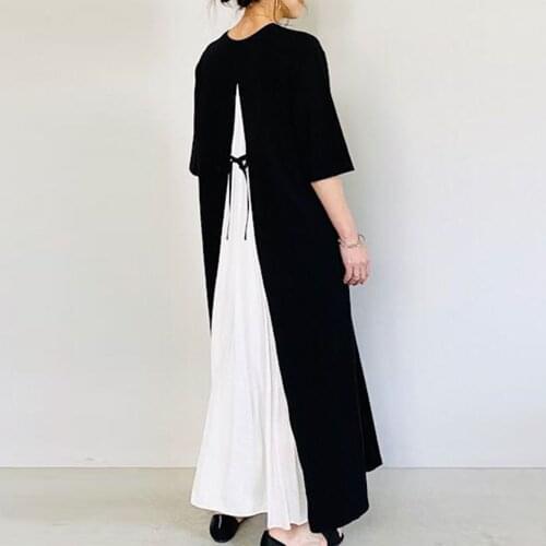 Korean Chic Style 2020 Japanese Long Dress Girl Sweet Temperament Round Neck Color Plug Bow Sleeve Dress Female Patchwork