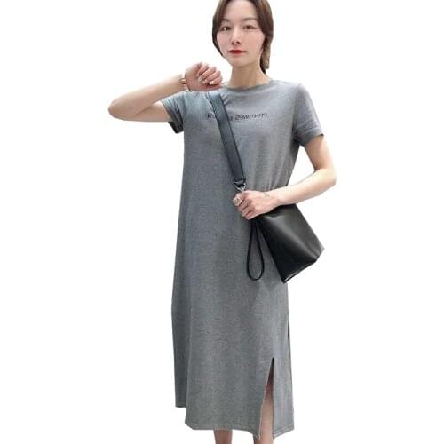 Short-sleeved dresses female 2020 spring new Korean loose medium long split letter over the knee black T-shirt dress