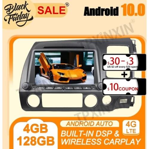 Carplay 4G+128G PX6 Android 10.0 For Honda Civic 2007-2011 Multimedia Player Auto Radio Tape Recorder GPS Navigation Head Unit
