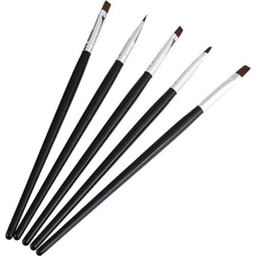 5 Pcs Black Nail Art Flat Brush Set Gel Polish Tips 3D Design Painting Drawing Building Extending Pro Manicure Pen Kit