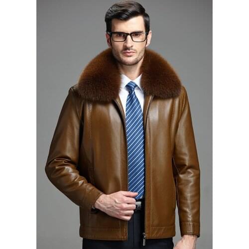 Real Fox Fur Collar Leather Jackets Black Man Coat Padded Winter Jacket Men Waterproof Coats Plus Size 4XL Abrigo WXF469
