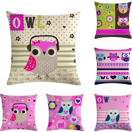 Pink Retro Theme Owl pattern linen cotton pillow case sofa cushion cover Cartoon pattern square decorative pillow cover ZY465