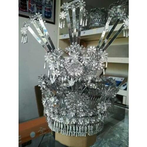 Silver Miao Headgear folk hats music feastival Chinese tradictional cosplay party headwear