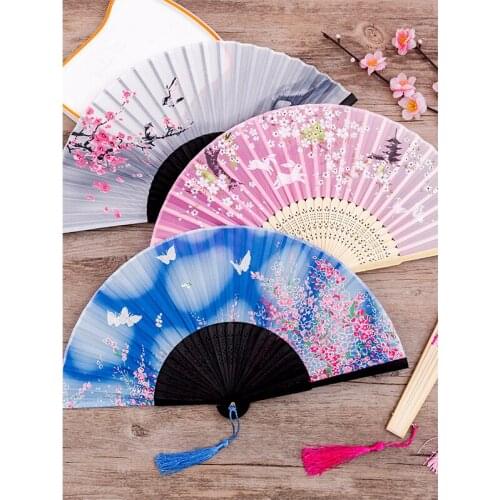 Folding Fan Classical Japanese Korean Chinese Style Cherry Blossoms Fold Portable Tassel Bamboo Props Pattern Painting