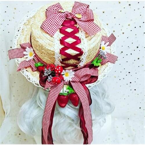 Lolita Lace Straw Hat Flower Wedding Round Flat Cap Summer Sunhat Handmade Strawhat Beach Cap B1325