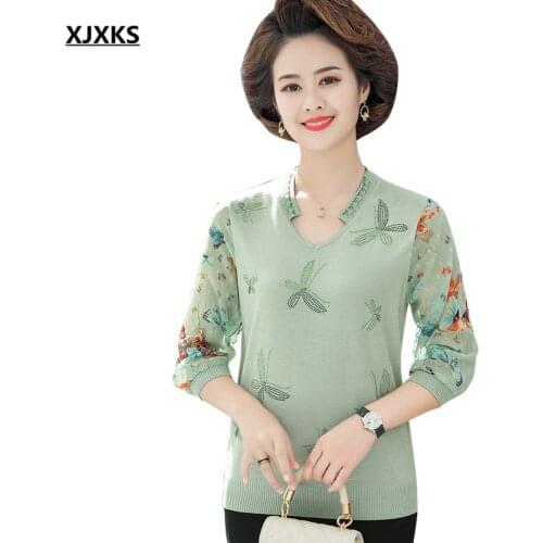 XJXKS Fashion printed women thin sweater 2021 spring autumn new loose plus size fashion three-quarter sleeve top women pullover