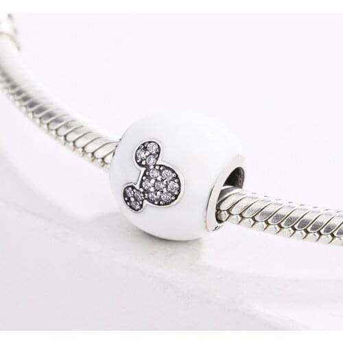 925 Sterling Silver White Enamel Beaded Round Mickey Avatar Inlaid CZ Zircon Pendant Charm Bracelet Jewelry For Original Pandora