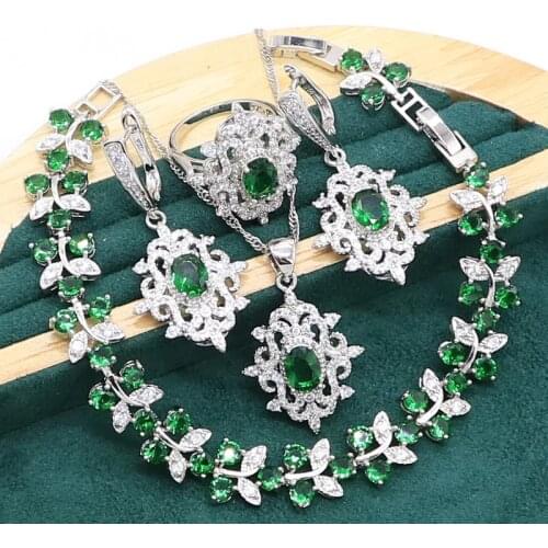 Green Emerald 925 Sterling Silver Jewelry set for Women Wedding Party Bracelet Earrings Necklace pendant Ring Birthday Gift