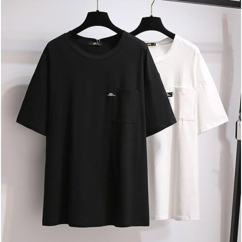 Plus Size 6XL Female Casual Summer Top Cotton TShirt Ladies Pocket Solid Color Loose O-neck Short Sleeve Mid-length Tee Shirt