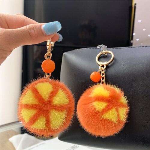 Genuine Real Mink Fur Cute Plush Fruit Orange Keychain Women Bag Pendant Ornaments Car Keyring Trinkets Highend Gift Accessories