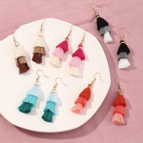 Bohemia Colors Gradient Tassel Earrings for Women Ethnic Handmade 3 Layers Tassels Pendant Earring Hook Girl Boho Dangle Jewelry