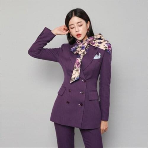 Women Work Wear Trouser Suit spring New Elegant Leisure Double Breasted Purple Women Trouser Suit Slim Women Blazer Set Women