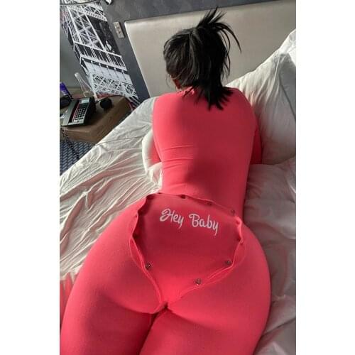 2020 New Deep V-neck Buttons Sexy Rompers Women Long Sleeve Jumpsuits Spring Fall Letter Embroidery Sleepwear Back Flap Homewear