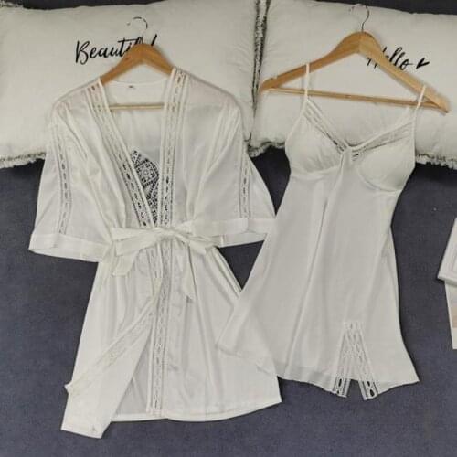 White Bride Bridesmaid Wedding Robe Lace Hollow Out Nightgown Women Kimono Bathrobe Gown Two Piece Set Sexy Sleepwear Lingerie