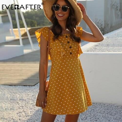 EVERAFTER Boho Polka Dot Sleeveless Dress Women Ruffles High Waist Button Backless Holiday Mini Dress Summer Print Female Dress