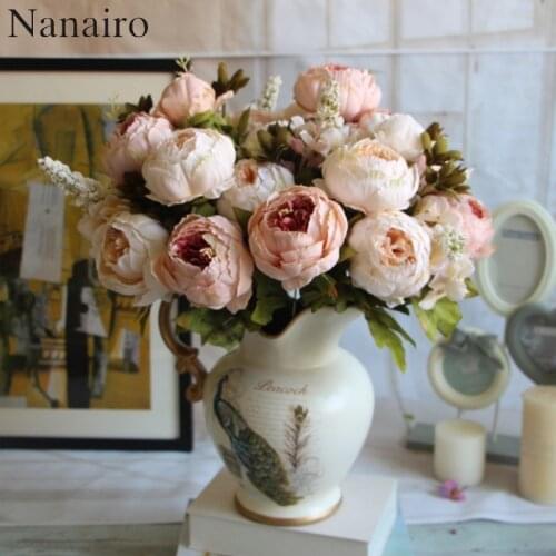 13 Heads Peony Bouquet Silk Artificial Flower Rose Wedding Home Party Table Decoration Vase Table Arrangement Fake Flowers