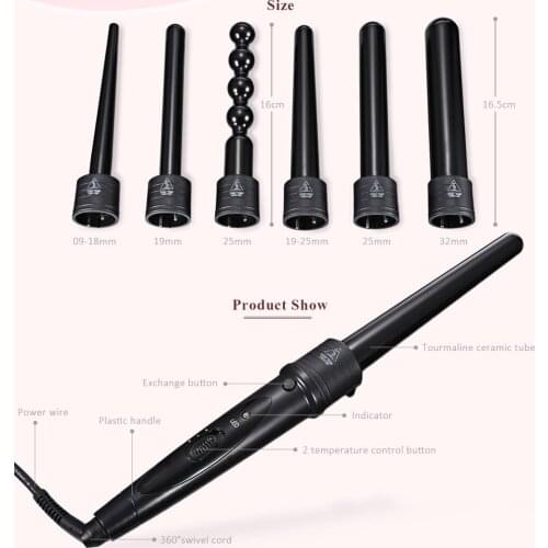 6 in 1 Professional Hair Curler Roller Accessories 9-32mm Curling Iron Wand Waver Tourmaline Ceramic Barber Hair Styling Tool
