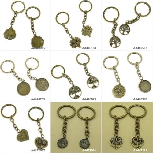 Antique Bronze Tone Keychain Keyring Keytag Life String Tree Oak Heart Round Cabochon Base Blank Three Key Chain Ring Bag Charms