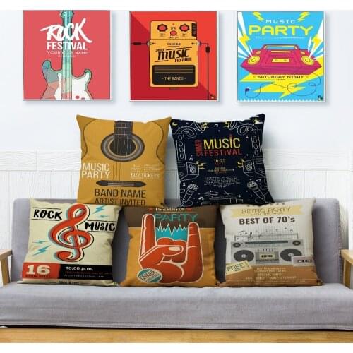 Vintage Musical Instrument Guitar Music Cushion Cover Beige Linen Pillow Covers 45*45 Throw Pillows Cases Home Decor Pillowcase