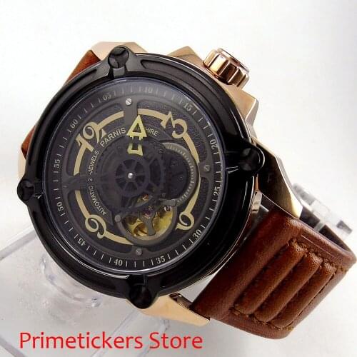 Golden plated case 44mm PARNIS black dial sapphire glass automatic mens watch leather strap