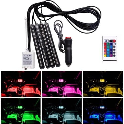 RGB 4pcs 12LED Car Interior Atmosphere Neon Light Strip Wireless Remote Control
