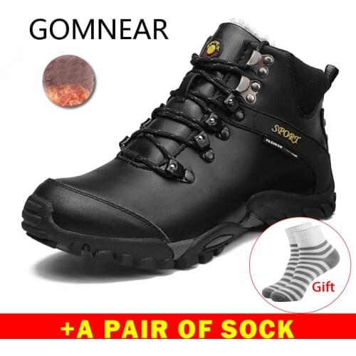 GOMNEAR Mens Winter Boots Genuine Leather Waterproof Non-Slip Hiking Boots Outdoor Sneakers Hiking Shoes Mountain Climbing Shoes