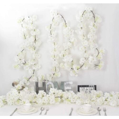 Hot 2Pcs Artificial Cherry Blossom Vine White Petal Flowers Forever Plants Garland for Home Decoration Wedding Party Garden