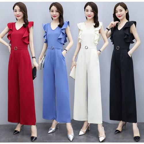 Wide Leg Jumpsuit Women Elegance Summer Clothing 2021 New Ruffles Sleeveless Top V-neck Slim Fashion Red Bodysuit Party Rompers