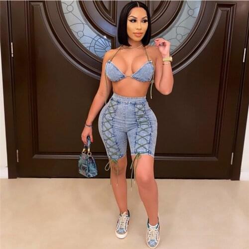 Sexy Lace-up Denim Two Piece Set for Women Matching Sets Halter Bra Crop Top and Shorts Sweat Suit Club Birthday Outfits Jeans