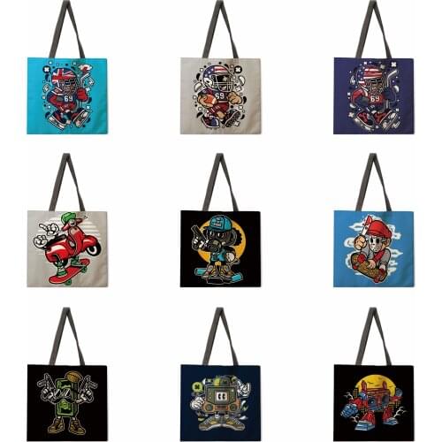 Cartoon Punk Tote Bag Shoulder Bag Linen Fabric Casual Tote Bag Foldable Shopping Bag Reusable Beach Bag