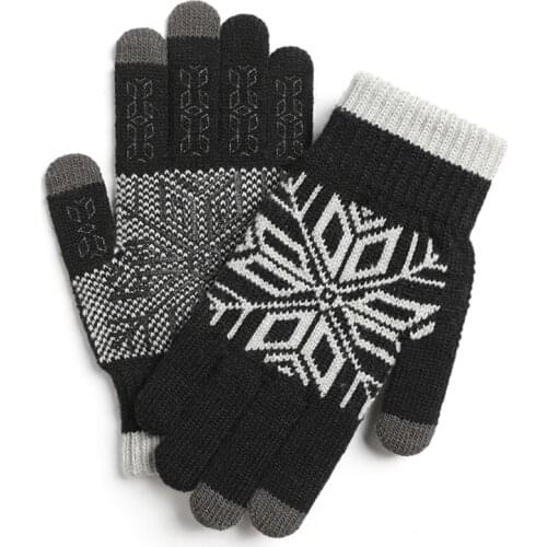 Men Winter Touch Screen Snowflake Knit Warm Gloves Plush Lining Non-Slip Mittens H9ED