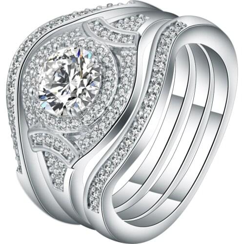 New Fashion Micro Pave Cubic Zirconia Jewelry Ring Set White Gold Filled Multi-layered Bands Engagement Ring For Women Drop Ship