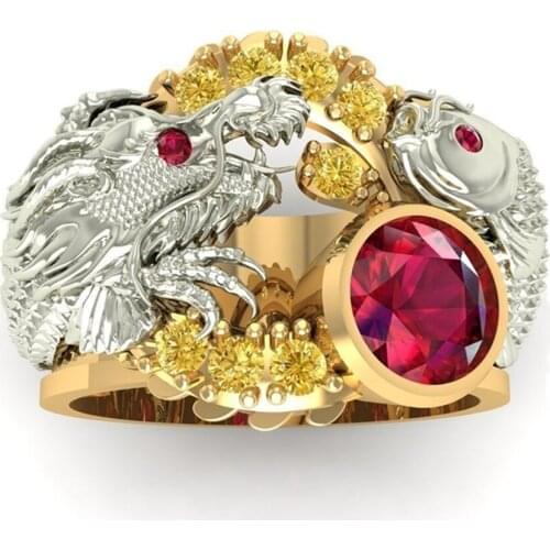 New Animal Women Ring Silver Color Dragon and Cod Eyes with Red Crystal Ring Lucky Fish Totem Religious Style Amulet Jewelry