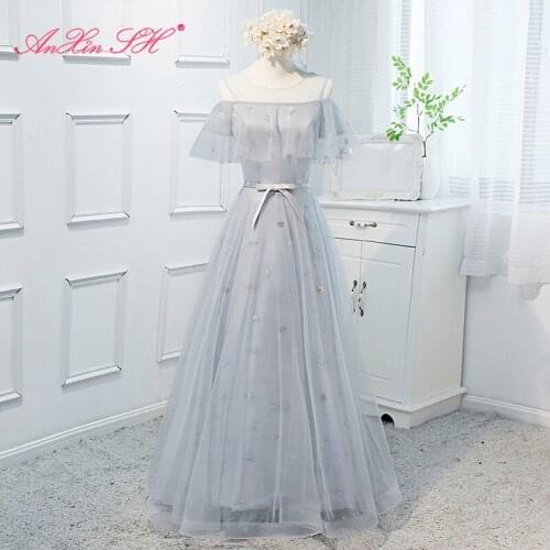 AXJFU princess grey lace bow Bridesmaid Dress party fashion o neck beading star ruffles illusion long a line Bridesmaid Dress