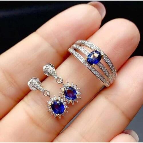 Natural Sapphire S925 Simplicity Earrings Ring Charming Fine Fashion Jewelry for Women Free Shipping MeibaPJFS