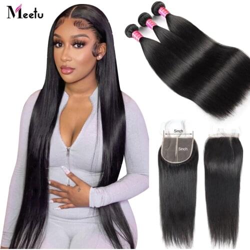 Meetu Brazilian Straight Hair Bundles with Closure 5x5 inch Human Hair Bundles with Closure 3 Bundles with Lace Closure Non Remy