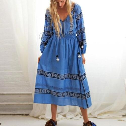 TEELYNN Boho Blue/White Cotton Maxi Dresses For Women Vintage Chic Tassel Floral Embroidery Long Sleeve Tunic Autumn Dress 2021