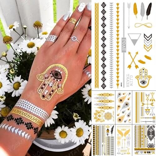 Waterproof Temporary Tattoo Sticker Metallic Gold Silver Bracelet Jewelry Flash Tatoo Women Hina Fatima Hand Body Art Fake Tatto