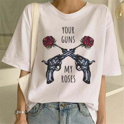 Womens White T-shirt Guns N Rose T-shirt Fashion Punk T-shirt Street Rock Female Top Pistola N Rose Printed Hip Hop T-shirt
