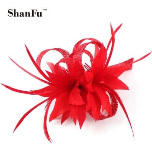 ShanFu Women Small Sinamay Fascinators Feather Flowers Hair Clip Bridal Hair Accessories can be Brooch for Wedding SFB7092