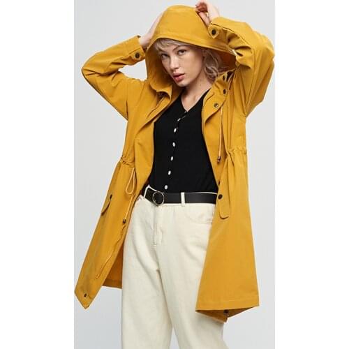 Womens Hooded Trench Coats Casual Loose Zip Closure Windbreaker Drawstring Waist Long Overcoat