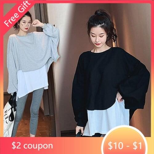 033# Spring Autumn Chic Ins Maternity Tees Large Size Loose Shirts Clothes for Pregnant Women Casual Patchwork Pregnancy Tops